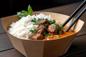 Beef Massaman Curry with Rice and Chopsticks in Takeaway Container photo