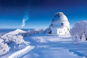 Astronomical observatory exploring the universe during magical winter night photo