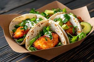Tempting fish tacos with all the fixings presented in a cardboard takeaway container photo