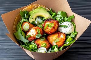 Fried scallops taco with avocado, cilantro, green salad and sauce in a takeaway container photo