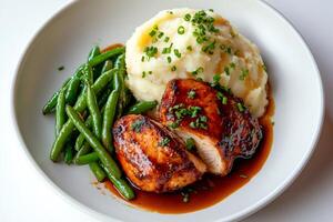 Sliced balsamic chicken breast served with mashed potatoes and green beans, garnished with chives photo