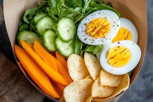 Healthy salad with boiled eggs, cucumber, carrot, lamb's lettuce and prawn crackers in takeaway paper box photo