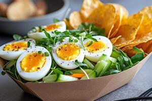 Boiled eggs with arugula, cucumber, carrot and chips in a takeaway box photo