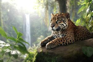 Jaguar resting on a rock near a waterfall in the jungle. photo