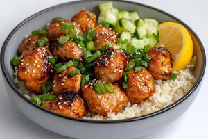 Honey garlic chicken with rice, cucumber and lemon resting in a bowl photo