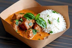 Delicious panang curry with beef and rice garnished with fresh basil being served in a takeaway container photo