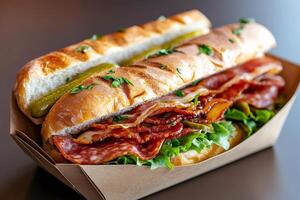 Delicious sandwiches with bacon, salami, lettuce and pickles served in a cardboard container photo
