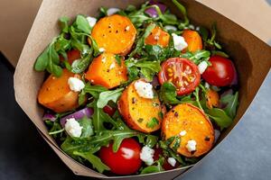 Healthy salad with baked sweet potatoes, arugula, tomatoes and feta cheese in a cardboard bowl photo