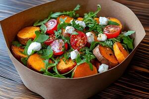 Healthy salad with baked sweet potato, arugula, cherry tomatoes and feta cheese in a paper bowl photo