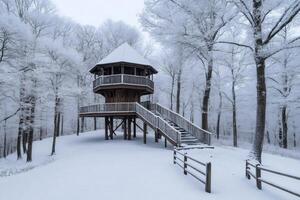 Wooden observation tower standing in snowy forest during winter photo