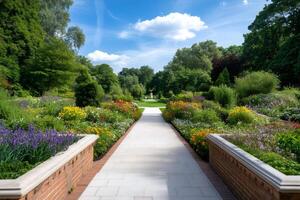 Stone paved path going through colorful flowerbeds in a sunny botanical garden photo