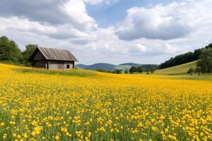 Old wooden hut standing in a field of yellow flowers under a cloudy sky photo
