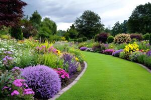 Wonderful garden in full bloom with a winding path and a cloudy sky photo
