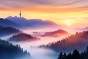 Sunrise illuminating fog in a valley with a telecommunications tower on a mountain photo