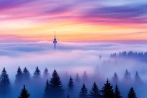 Tower emerging from the fog during a colorful sunrise in the Mountains photo