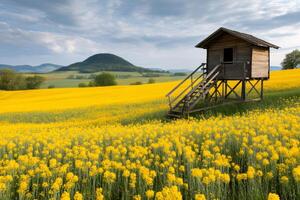 Wooden hunting hide overlooking blooming rapeseed field in Central Bohemian Uplands, Czech Republic photo