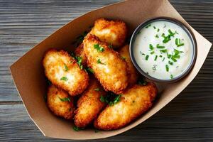 Crispy fried chicken nuggets with dipping sauce garnished with fresh parsley in a takeaway container photo