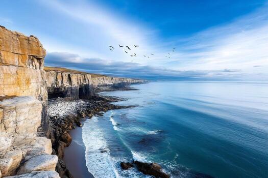 Birds flying over Bempton Cliffs and the North Sea in Yorkshire, England photo