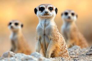 Meerkats sitting and looking around in the desert photo