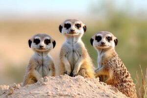 Three meerkats standing on sandy mound looking around photo