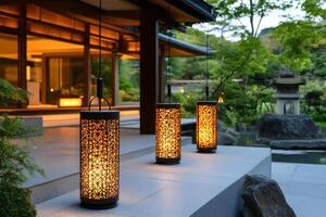 Japanese lanterns illuminating a traditional house at twilight photo