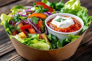 Fresh salad with chicken, vegetables, and dipping sauce served in a paper bowl photo