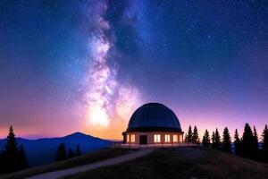 Astronomical observatory exploring milky way in starry night sky photo