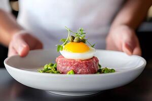 Chef presenting delicious beef tartare with quail egg and capers photo