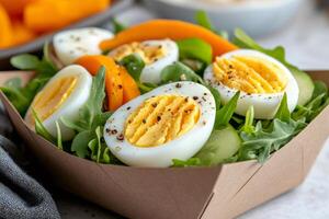 Healthy balanced takeaway salad with boiled eggs, arugula and carrot slices, seasoned with ground pepper photo