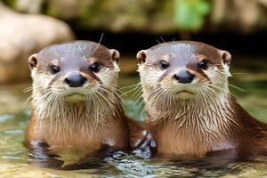 Two oriental small-clawed otters emerging from water photo