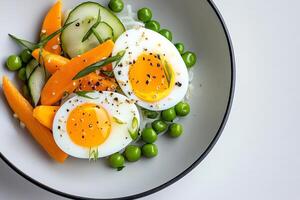 Soft boiled eggs with fresh cucumber, carrots, peas and rice noodles creating a healthy and colorful meal photo
