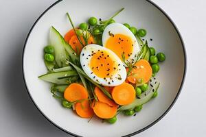 Boiled eggs with fresh cucumber, carrots and peas seasoned with black sesame seeds in a bowl photo