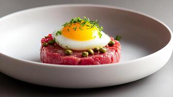 Beef tartare with poached egg, capers and herbs resting in a modern white bowl photo