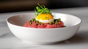 Beef tartare with egg yolk, capers and sprouts decorating a white bowl photo