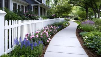 Lush garden with blooming roses, lavender, and a white picket fence along a winding paved walkway photo