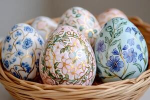 Decorated easter eggs with floral patterns resting in wicker basket photo