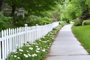 White picket fence bordering sidewalk with daisies leading to suburban house photo