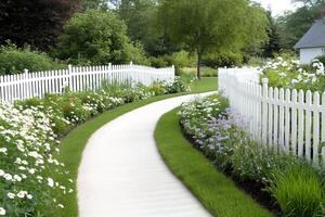Winding Garden Path Bordered by White Picket Fence and Lush Flowers photo