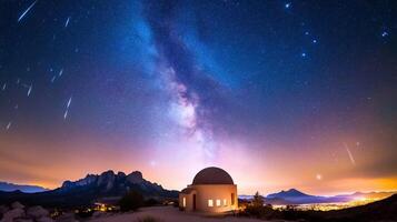 Meteor shower illuminating the milky way over an observatory near Tucson, Arizona photo