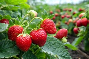 Ripe red strawberries growing on a strawberry plant in a field photo