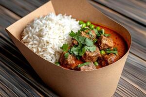 Beef curry with rice, peas and coriander in takeaway biodegradable container photo