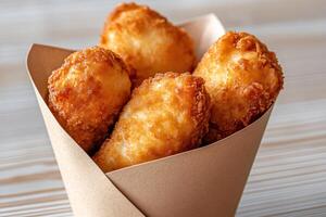 Breaded mozzarella sticks overflowing a small paper cone on wooden table photo