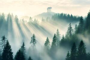Sun rays shining through morning mist in evergreen forest photo