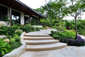Curved sandstone steps leading to modern house in lush garden photo