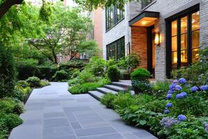 Elegant modern house with landscaped garden featuring stone walkway and lush greenery photo