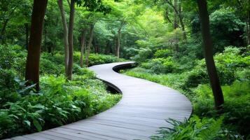 Winding wooden path through lush green forest in a peaceful park photo
