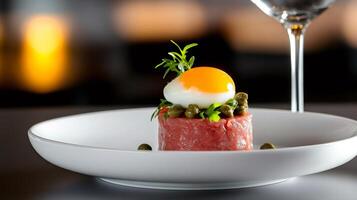 Beef tartare with egg yolk, capers and arugula, served on white plate photo
