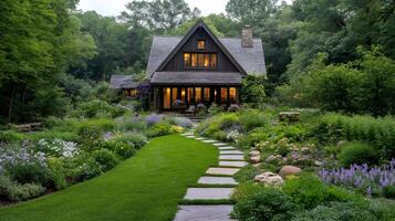 Charming cottage nestled in a lush garden with winding stone path leading to the entrance photo