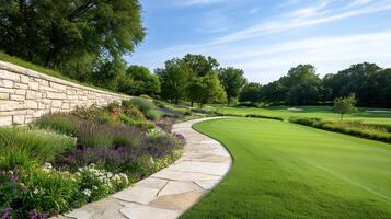 Stone path winding through colorful flowerbed bordering golf course under blue sky photo