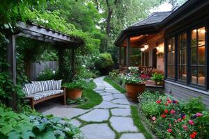 Cozy backyard garden with flagstone path leading to house photo